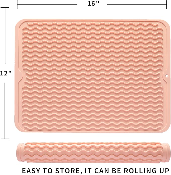 Silicone Dish Drying Mat for Multiple Usage,Easy clean,Eco-friendly,Heat-resistant Silicone Mat for Kitchen Counter or Sink,Refrigerator or drawer liner Pink L 16 inches x 12 inches