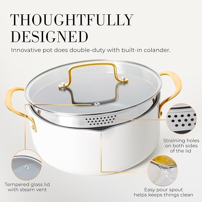 White and Gold Pots and Pans 15 PC Set - Premium Heavy Gauge Nonstick, Non Toxic, PFOA Free, Oven and Dishwasher Safe, Induction Compatible Cookware Set - Gold Kitchen Accessories