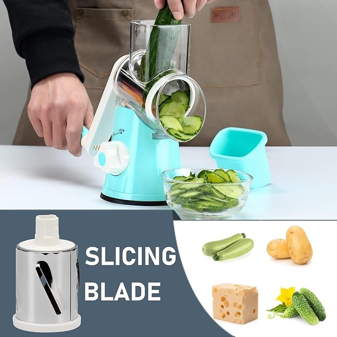 KEOUKE Rotary Cheese Grater Hand Crank Light Blue - Shredder Slicer Grinder 3 Stainless Steel Blades, Stable Suction, Labor-Saving Handle, Safe Kitchen Tool for Cheese, Vegetable, Nuts, Chocolate
