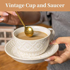 12 OZ Latte Cup with Saucer, Cappuccino Cup Vintage Cafe Art Cups for Espresso Turkish Coffee, Farmhouse Latte Mugs Tea Cups and Saucers Porcelain Set for Christmas Thanksgiving Day Gift