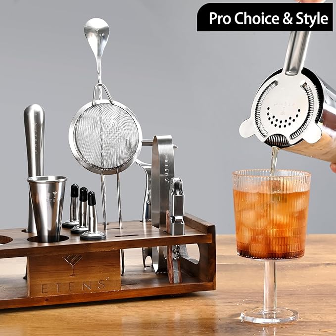 Premium 15-Piece Mixology Bartender Kit – Stainless Steel Cocktail Shaker Set with Wooden Stand | Professional Boston Shaker Bar Tool Set for Home & Expert Mixologists | Luxury Cocktail Making Gift