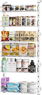 MIAOLI Over the Door Organizer, White 6-Tier Pantry Door Organizer with Adjustable Basket, Hanging Spice Rack Cabinet Door Shelves, Laundry Room Organization and Storage