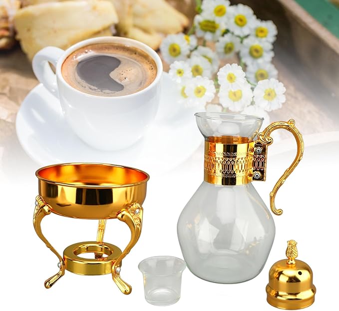 Fockety Vintage Turkish Coffee Pot Set, Decorative Glass Teapot, Heatable Glass Tea Kettle with Lid and Cup, Multi-Purpose Beverage Kettle, Unique Design, Gold