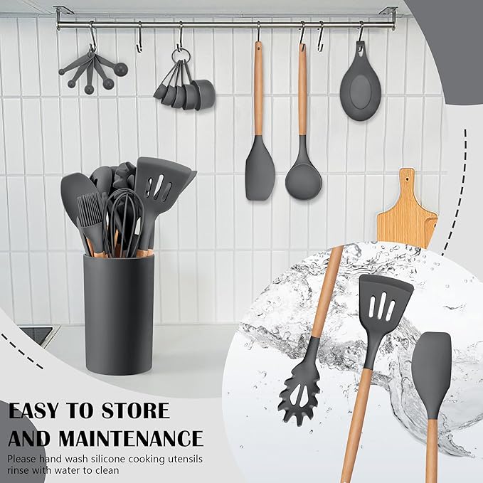 HaWare Kitchen Cooking Utensils Set, 23-Piece Silicone Kitchen Utensils Spatula Set with Holder, Heat Resistant Wooden Handle Kitchen Gadget for Nonstick Cookware, Food-grade Turner Spoon Sets (Grey)