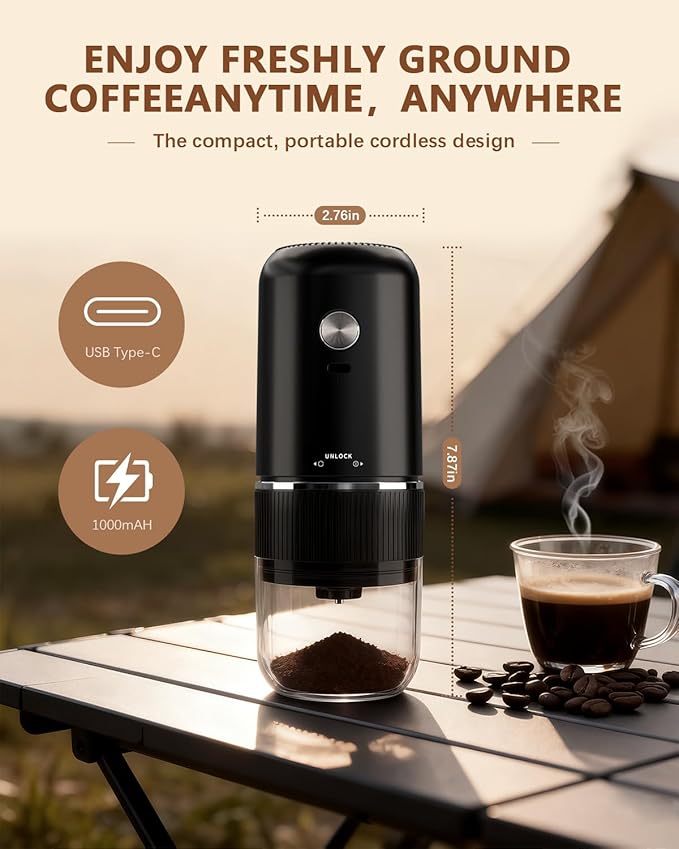 Portable Electric Coffee Grinder，Automatic Coffee Grinder with USB Type-C wireless charging design，Adjustable Coarse to Fine for coffee beans, grains, cleaning brush + cable Includes (black)