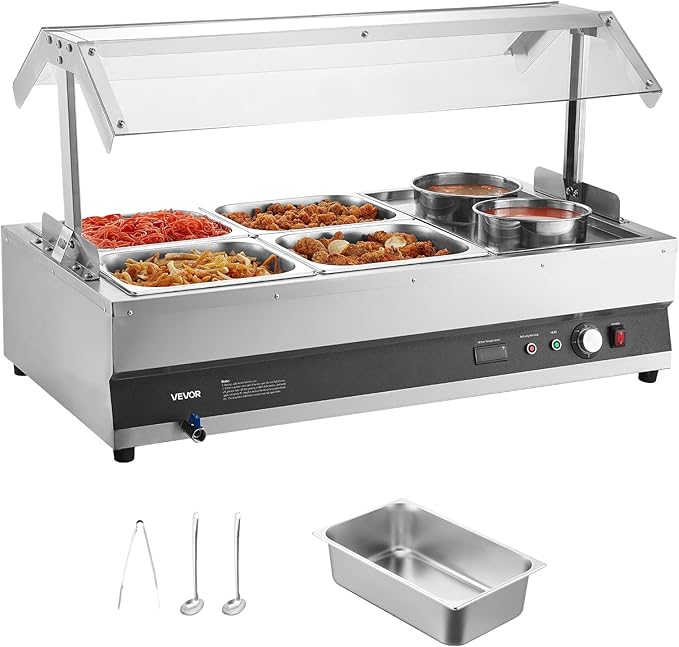 VEVOR Electric Soup Warmer, Two 6.34QT Pots & Four 1/2 Pans, Stainless Steel Commercial Food Warmer with 86~185°F Adjustable Temp, 1500W Bain Marie with Cover, Soup Station for Restaurant, Buffet