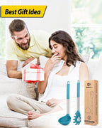 Silicone Pasta Fork and Ladle Spoon Set, Large Non Stick Kitchen Utensils for Cooking,Stirring,Serving Spaghetti, Soup, Sauce (BLUE)