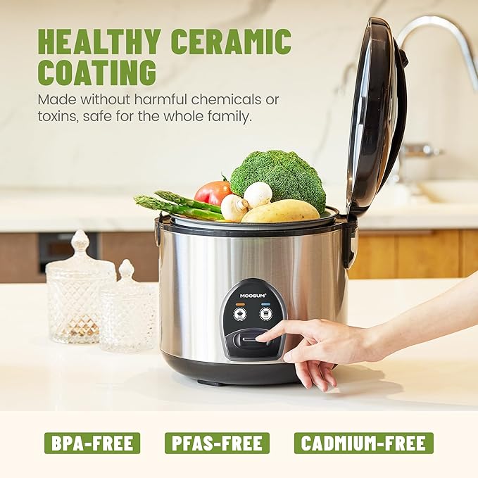 10-Cup Uncooked Rice Cooker & Food Steamer - Ceramic Non-Toxic Inner Pot, One-Touch Multifunction for Rice/Sauté/Yogurt, Dishwasher Safe, 3-10 Family Size, Stainless Steel