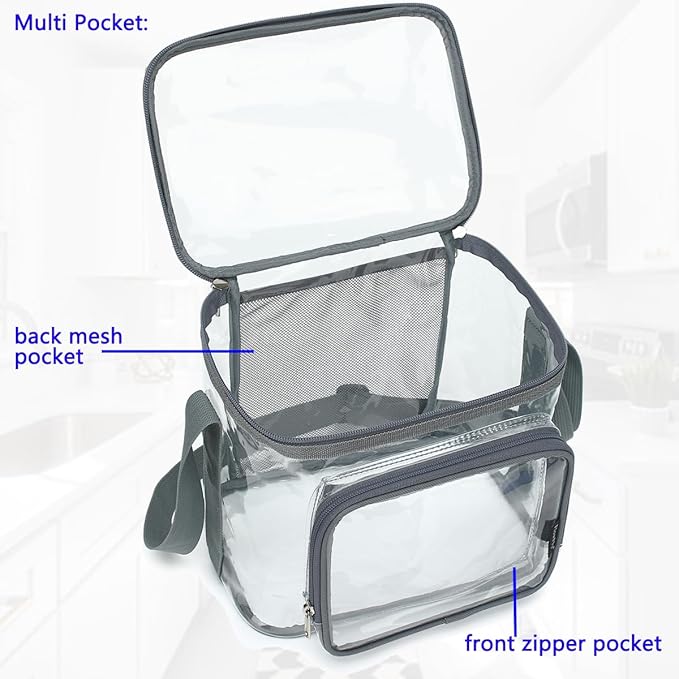 FlowFly Insulated Reusable Lunch Bag Adult Large Lunch Box for Women and Men with Adjustable Shoulder Strap,Front Zipper Pocket and Dual Large Mesh Side Pockets,Clear#Grey