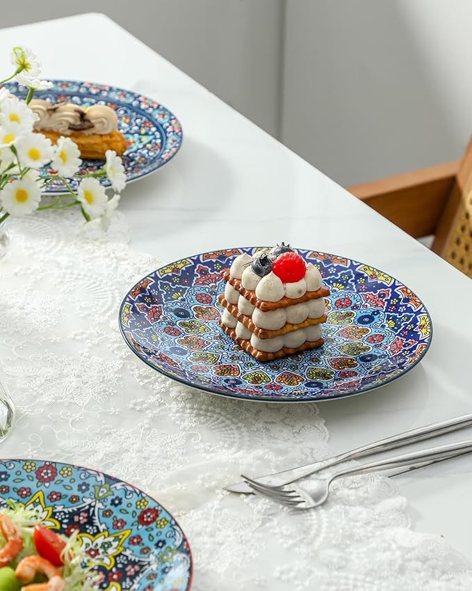 glowworm Dessert Plates Set of 4, 8.5 Inch Ceramic Dinner Plates, Small Salad Plates Set for Kitchen, Microwave, Oven and Dishwasher Safe, Bohemian