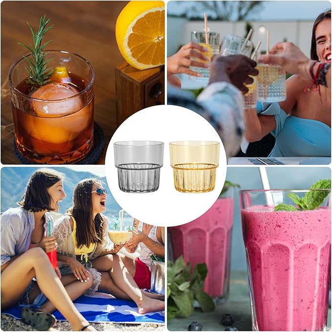 uxcell Clear Plastic Reusable Drinking Glasses, 6.8oz Drinking Glasses Set Plastic Water Cup Unbreakable Stackable for Beer Cocktail Water Juice Whiskey(Gray/Yellow, 4Pcs)