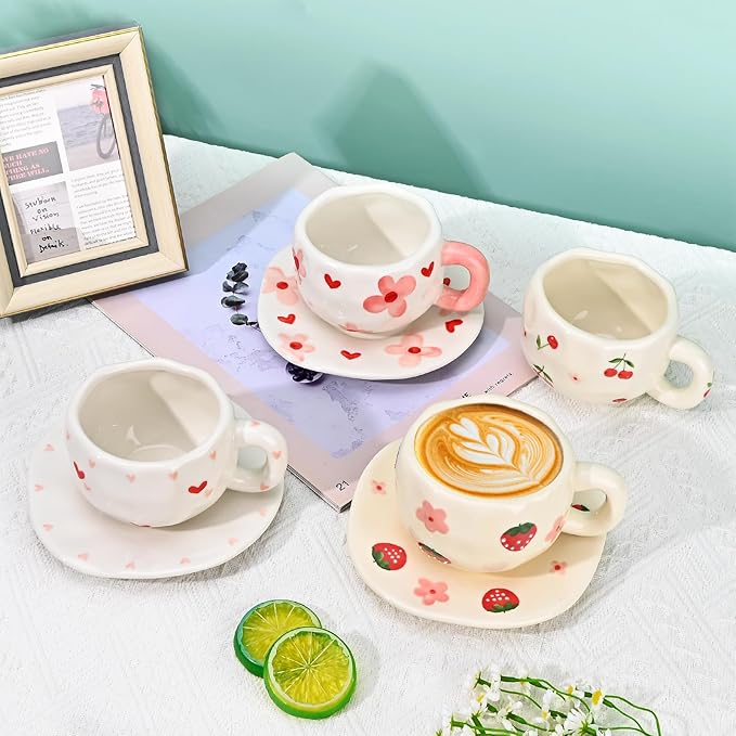 Koythin Ceramic Coffee Mug with Saucer Set, Creative Cute Cherry Cup Unique Irregular Design for Office and Home, 10 oz/300 ml for Latte Tea Milk