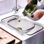 Over The Sink Stainless Steel Oval Colander with Expandable Rubber Grip Handles Strainers, Fine Mesh Strainer Basket Kitchen 6 Quarts Colander for Strain, Drain, Rinse Fruits, Vegetables