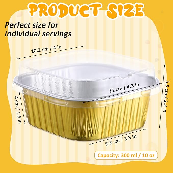 Aoriher 150 Pieces 10 oz Mini Cake Pans with Lids Aluminum Foil Baking Cups Square Disposable 4" x 4" Large Cupcake Cups Baking Tins for Kitchen Brownie Pudding Desserts Holders(Gold, Silver)