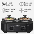 2 * 1.25 Quarts Dual Slow Cooker, Buffet Server & Warmer with 2 Removable Ceramic Pots, 3 Adjustable Temp Settings & 2 Visible Glass Lids, Stainless Steel, Black