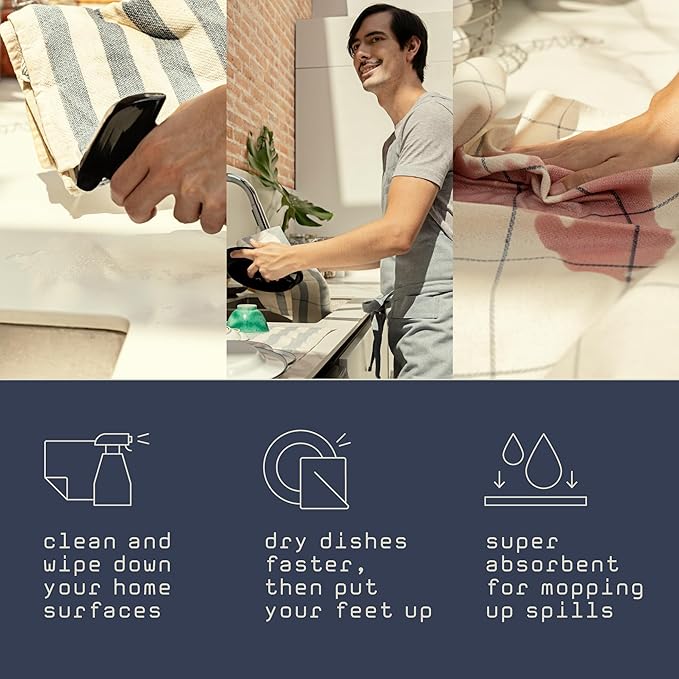 MEEMA Kitchen Towels and Dishcloths Sets of 4 | Large 18 x 28 Inch | Upcycled Cotton Tea Towel | Super Absorbent Cotton Dish Towels for Kitchen | Blue Stripes | Hand Towels