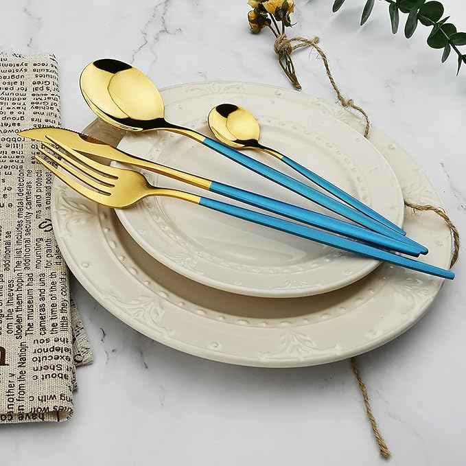 36-Pieces Silverware Mirror Polished Dinnerware Gold Flatware With Blue Handle, 18/0 Stainless Steel Cutlery Set For Home Kitchen Party Hotel Restaurant Wedding Service for 6