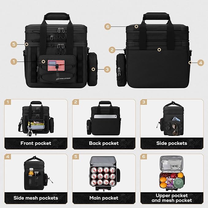 Maelstrom Tactical Lunch Box, 23 L Insulated Lunch Bag for Men, Expandable Double Deck Lunch Cooler Bag,Large Leakproof Soft Lunch Tote with Detachable MOLLE Bags, for Adult Women Work,Picnic,Black