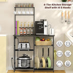 Bakers Rack with Power Outlet, Kitchen Microwave Stand with 10 S-shaped Hooks, 6-Tier Coffee Bar Station, Kitchen Storage Shelf Rack for Spices, Pots, Gray