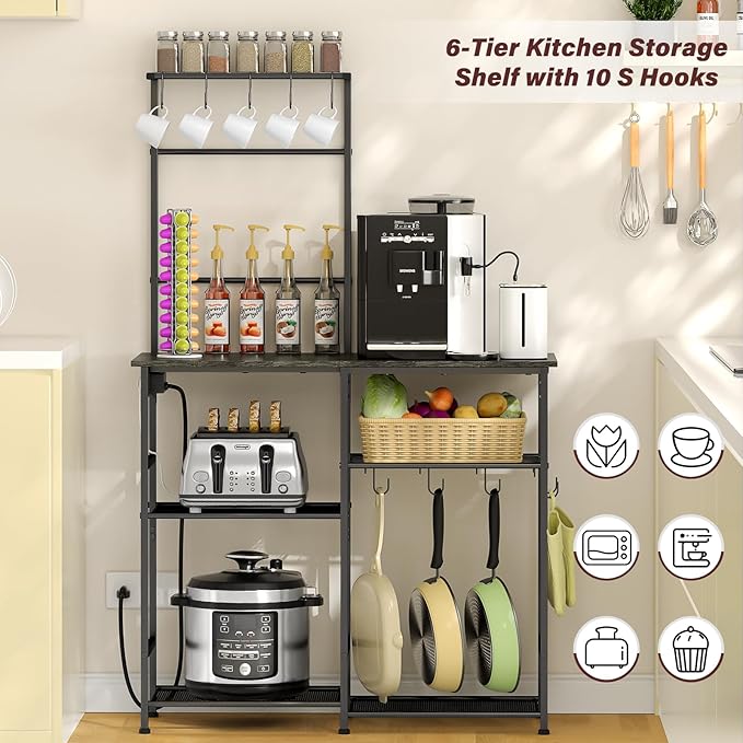Bakers Rack with Power Outlet, Kitchen Microwave Stand with 10 S-shaped Hooks, 6-Tier Coffee Bar Station, Kitchen Storage Shelf Rack for Spices, Pots, Gray