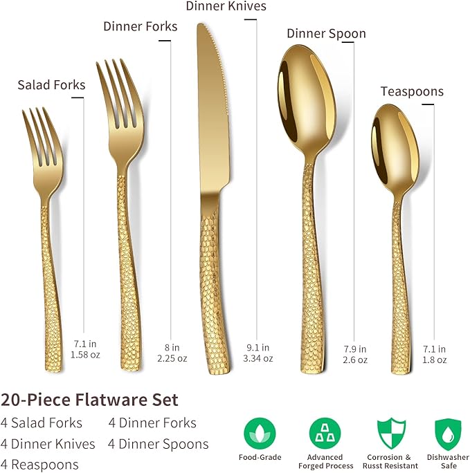 20-Piece Silverware Set, Gold Hammered Stainless Steel Flatware Sets for 4, Food-Grade Tableware Set, Including Fork Knife Spoon Set, Home Kitchen Cutlery Sets, Dishwasher Safe