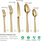 20-Piece Silverware Set, Gold Hammered Stainless Steel Flatware Sets for 4, Food-Grade Tableware Set, Including Fork Knife Spoon Set, Home Kitchen Cutlery Sets, Dishwasher Safe