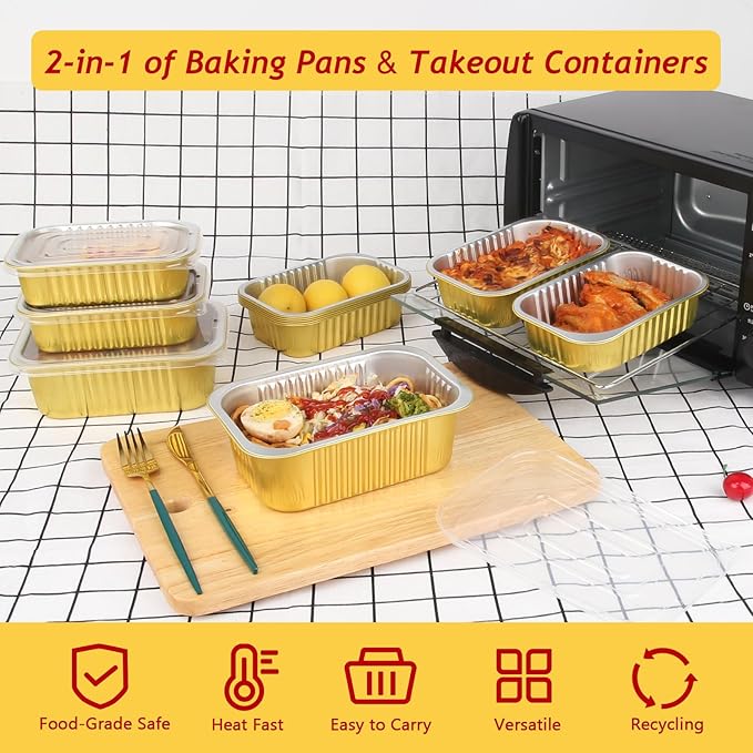 LNYZQUS 1lb Small Foil Pans With PP Lids 50 Pack, 16oz Heavy Duty Aluminum Leftover Containers Holders,Disposable Baking Tins To Go Containers For Cooking Heating Storing Meal Prep