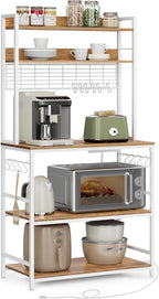 VASAGLE Hutch Bakers Rack with Power Outlet, 14 Hooks Microwave Stand, Adjustable Coffee Bar with Metal Wire Panel, Kitchen Storage Shelf, 15.7 x 31.5 x 66.9 Inches, Rustic Walnut and White UKKS025W41