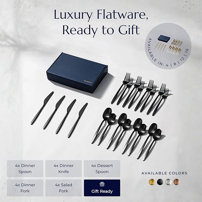 JazzUpCo Tia Flatware non toxic 18/10 stainless steel dishwasher safe (Matte Black, 12 Person Set (60 Pieces))