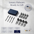 JazzUpCo Tia Flatware non toxic 18/10 stainless steel dishwasher safe (Matte Black, 16 Person Set (80 Pieces))