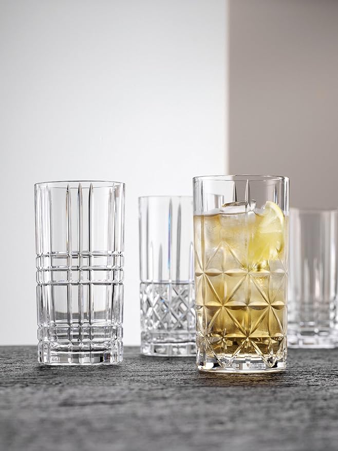 Nachtmann Highland Collection Crystal 6” Long Drink Glasses, Set of 4, With Different Glass Patterns, For Cocktails or Non- Alcoholic Beverages,445 ml, Dishwasher Safe