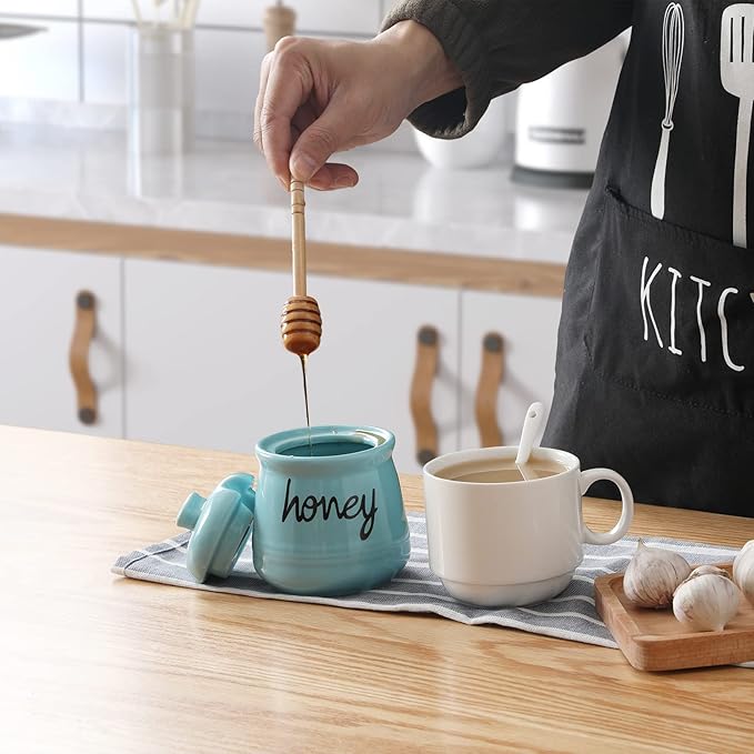 ONTUBE Honey Jar with Dipper and Lid, Ceramic Honey Pot 12oz, Turquoise