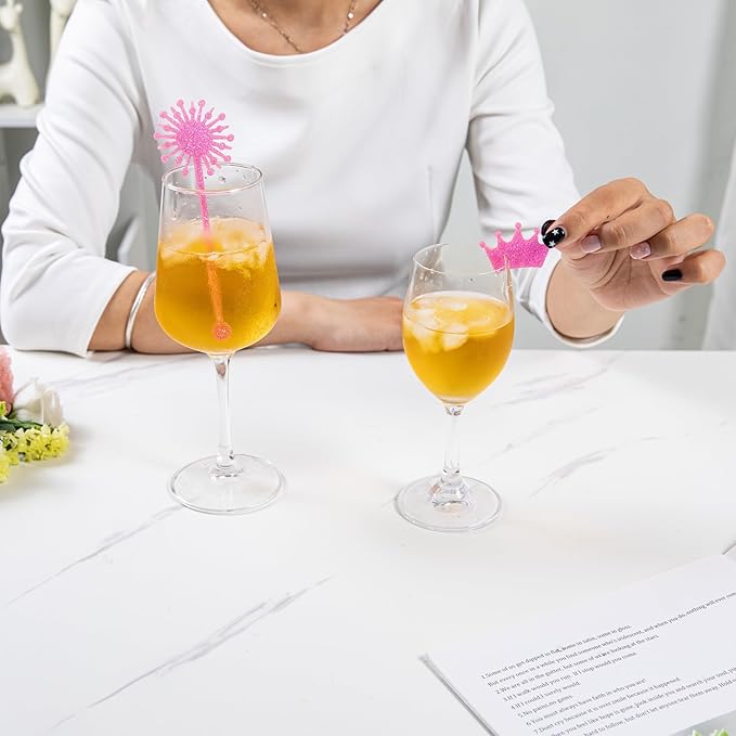 20 Pack Pink and Green Party Decrations, Princess and Witch Party Accessories, Green Witch Broomstick and Glitter Pink Princess Wand Cocktail Stir Sticks for Themed Parties (Wine Glass Charms)