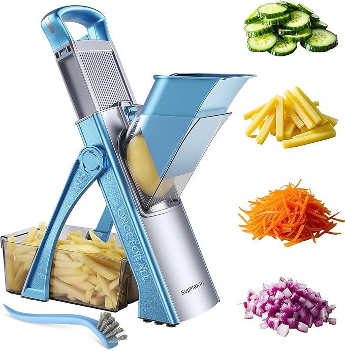 Upgrade Safe Mandoline Slicer Plus for Kitchen, SupMaKin Bigger Port Vegetable Food Potato Chopper, Adjustable Thickness, Julienne & Dicer With Vegetable Spiralizer (LightBlue)