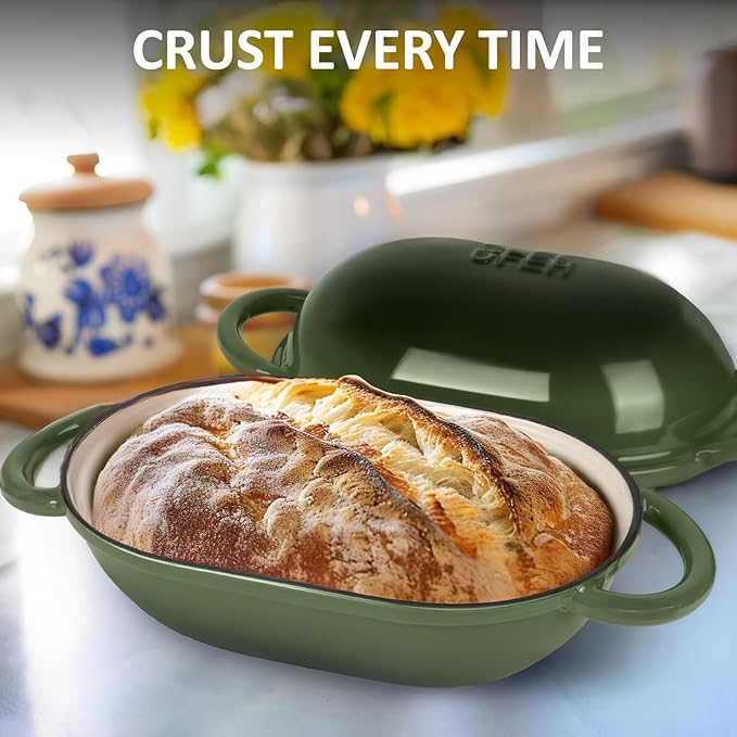 Dutch Oven for Bread Baking – Premium Cast Iron Pot with Lid – Perfect for Sourdough, Artisan Loaves & No-Knead Bread – 2 QT / 1.9L (Enameled, Round, Oven & Stovetop Safe), Green