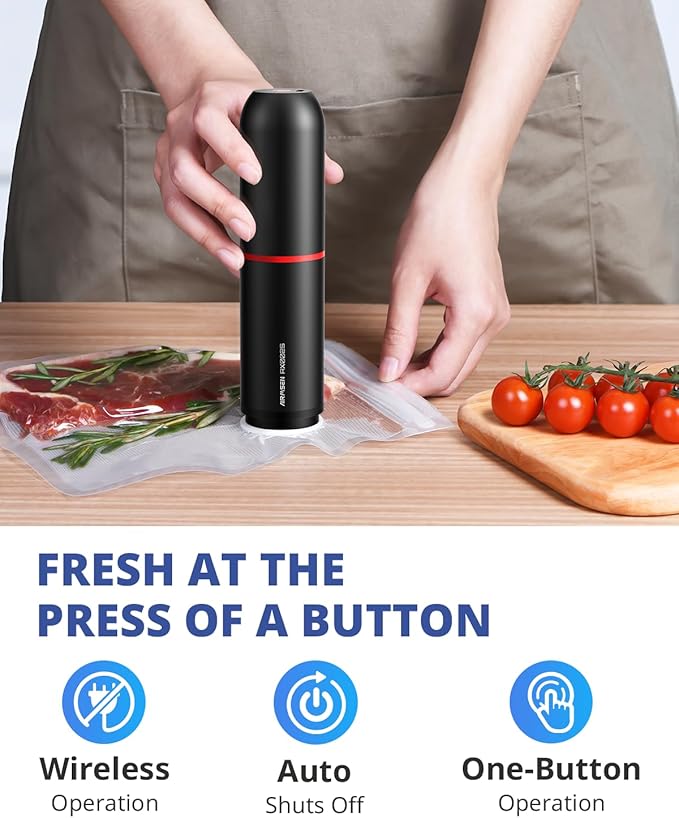 AIRMSEN Handheld Vacuum Sealer with 1.4L Glass Vacuum Container and 11 PCS Reusable Sous Vide Bags, Compact Vacuum Sealer Machine for Food Storage