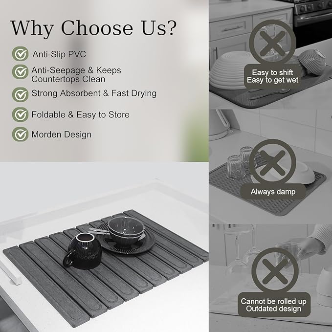 Hopegiver Dark Gray Stone Drying Mat for Kitchen Counter, 23.62"x15.35" Engraved Design Quick Dry Stone Mat, Super Absorbent Diatomaceous Earth Dish Drying Mat for Kitchen Bathroom, with Sanding Tools