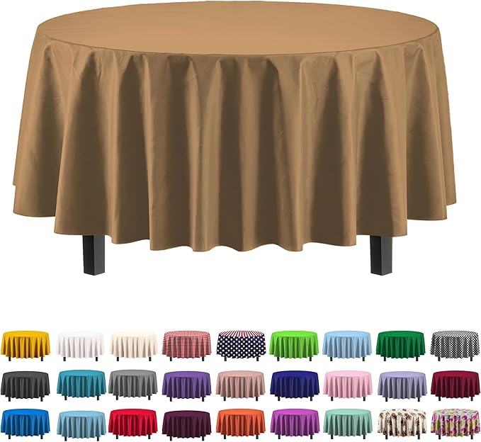 12-Pack Premium Plastic Tablecloth 84in. Round Table Cover - Gold