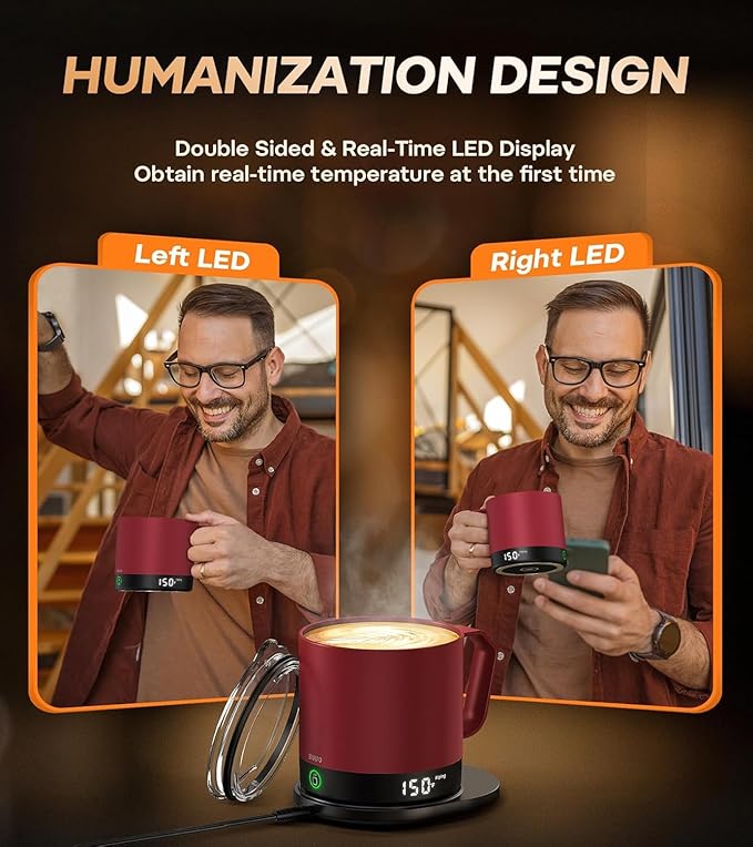 Heated Coffee Mug Rechargeable - Temperature Control Self Heating Coffee Mug 14oz with Lid, Double Sided & Real-Time LED Display, Hot up to 150℉, Birthday Gifts for Women and Men(Red)