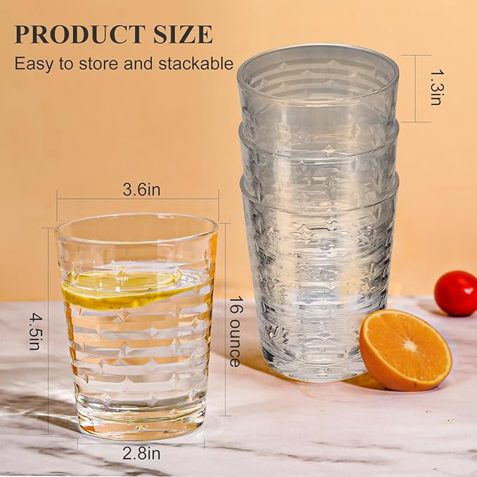 Acrylic Clear Highball Plastic Cups | Plastic Reusable Tumblers 16oz (Set of 6) | Stackable | BPA-free Tumblers | Shatterproof | Top-rack Dishwasher Safe