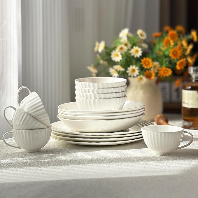 16-Piece Bone China Dinnerware Set for 4, White embossed dinnerware set, Plates and Bowls with Textured Design, Microwave Dishwasher Safe
