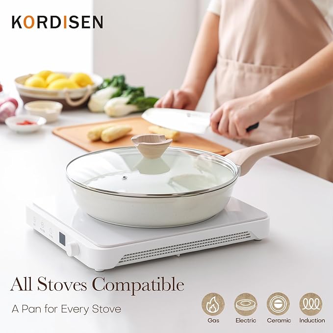 Kordisen Ceramic Non Stick Frying Pans Skillet with Lid, 9.5 Inch Ceramic Frying Pan Nonstick for Cooking Non Toxic, Healthy Induction Cookware, Heat Resistant Handle, PFOA & PFAS Free