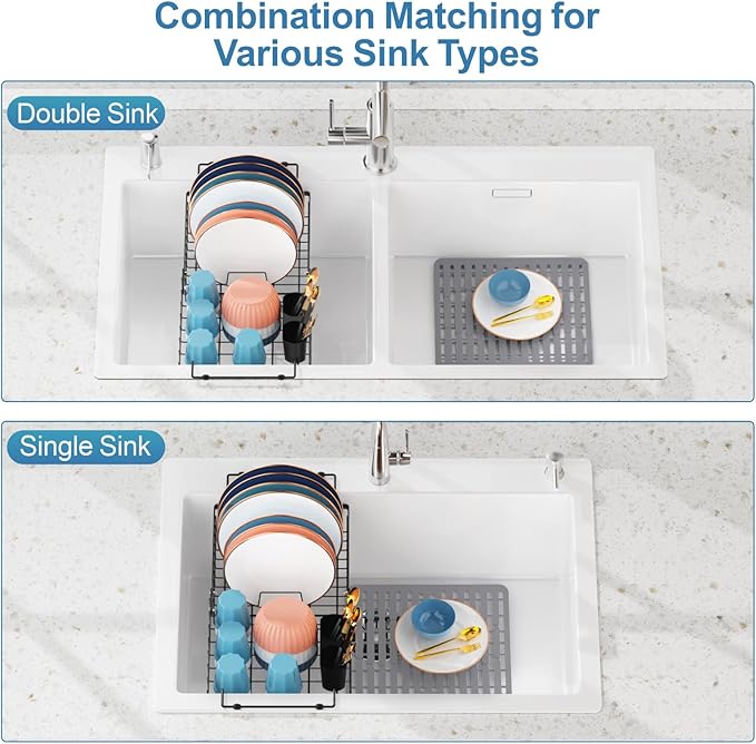 iSPECLE Dish Drying Rack with Sink Mat - Expandable Capacity in Sink Dish Rack for Kitchen RV Apartment, Large, Black