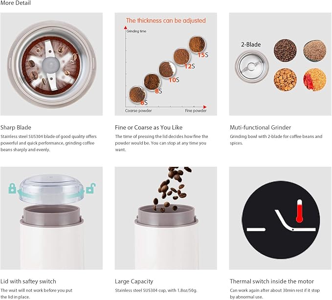 DR MILLS DM-7441 Coffee Grinder Electric, Coffee Bean and Dried Spice Grinder, One Touch Operation, Blade and cup made with SUS304 stainless steel (White)