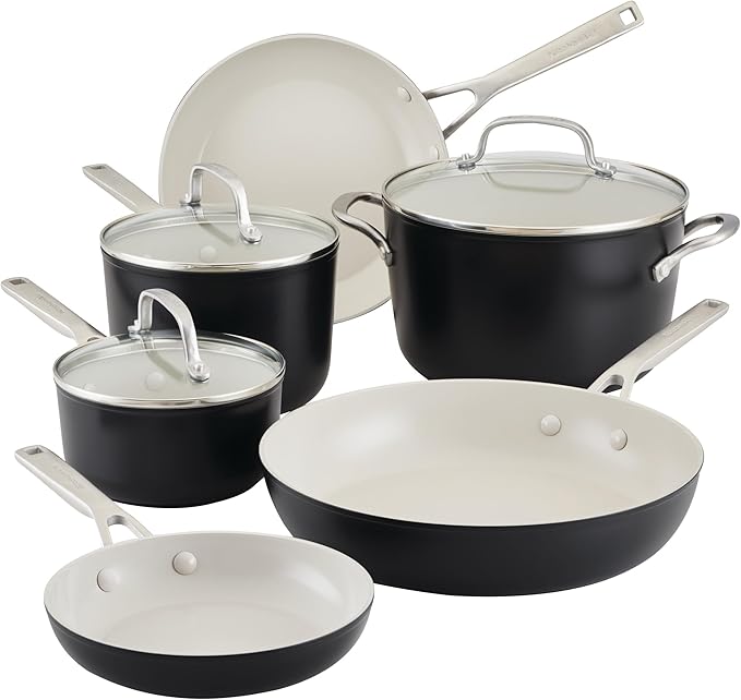 KitchenAid Hard Anodized Ceramic 9-Piece Nonstick Cookware Set – Includes Fry Pans, Saucepan, Stockpot, Durable, Even Heating, Oven Safe to 500°F, Matte Black