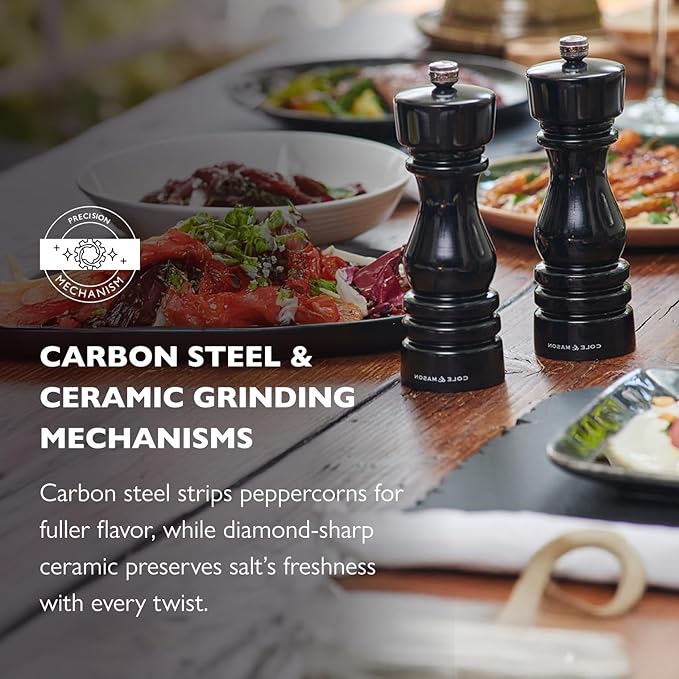 Cole & Mason London Refillable Spice Mill - Kitchen & Home Accessory - Salt & Pepper Grinder Set - Salt Mill with Ceramic Mechanism - Pepper Mill with Carbon Steel Mechanism - 7", Black Gloss