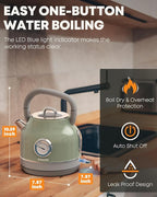 Amaste Electric Kettle, Retro Electric Tea Kettle with Thermometer, 57 Oz Hot Water Kettle for Coffee & Tea, 304 Stainless Steel, 1500W Fast Boiling, Auto Shut-Off & Boil Dry Protection, Matcha Green