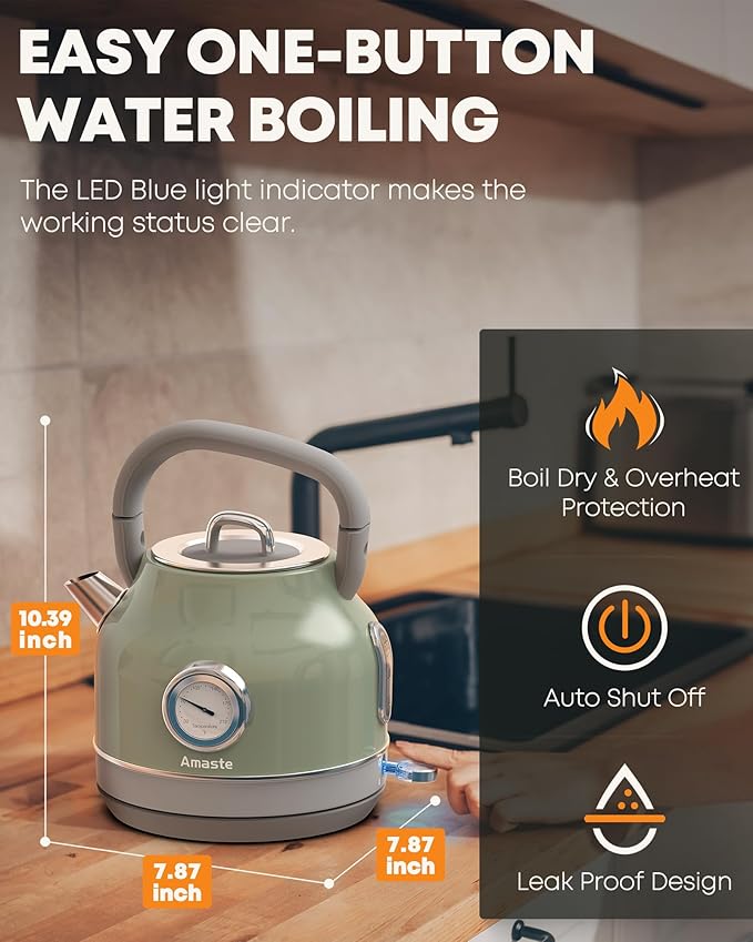 Amaste Electric Kettle, Retro Electric Tea Kettle with Thermometer, 57 Oz Hot Water Kettle for Coffee & Tea, 304 Stainless Steel, 1500W Fast Boiling, Auto Shut-Off & Boil Dry Protection, Matcha Green