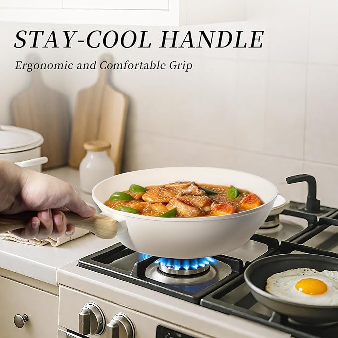 FELAMP Healthy Ceramic Nonstick Cookware Set, 7-Piece PFOA/PFOS/Toxin-Free Pots & Pans Set for Induction & All Stovetops, Dishwasher Safe with Glass Lids，Gift for New Home & Chefs