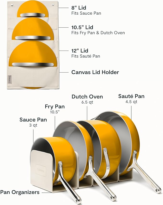 Caraway Non-stick Ceramic Cookware Set (12 Piece) Pots, Pans, Lids and Kitchen Storage - PFAS & PFOA Free - Oven Safe Pan Set & Compatible with All Stovetops - Marigold